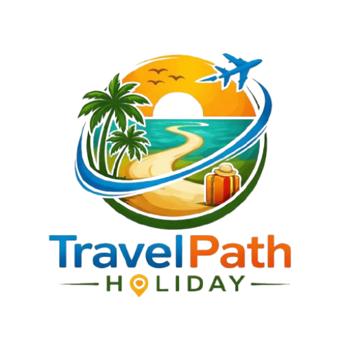 Travel Path Holiday logo featuring a tropical beach scene with palm trees, a sunset, an airplane flying overhead, and a suitcase symbolizing travel and vacations.