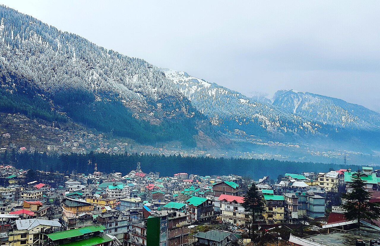 Snowfall and pine trees landscape in Manali Himachal Pradesh
