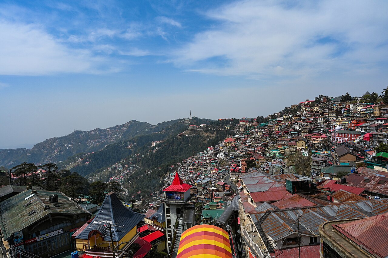 The Ridge mall road and snowy hills in Shimla Himachal Pradesh