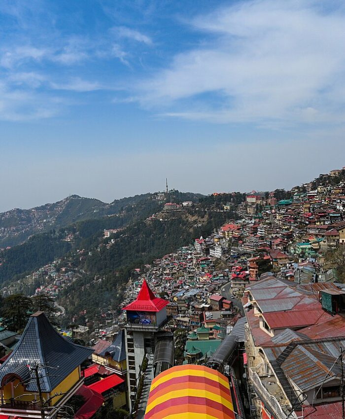 The Ridge mall road and snowy hills in Shimla Himachal Pradesh